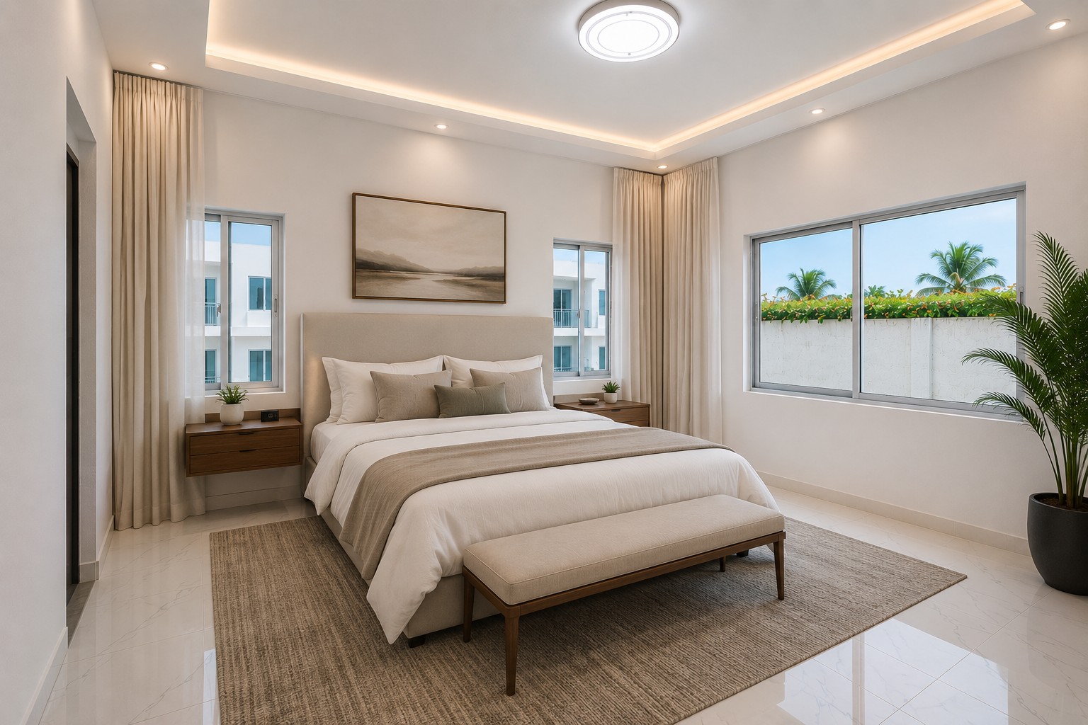 Bedroom, staged with furniture for illustration