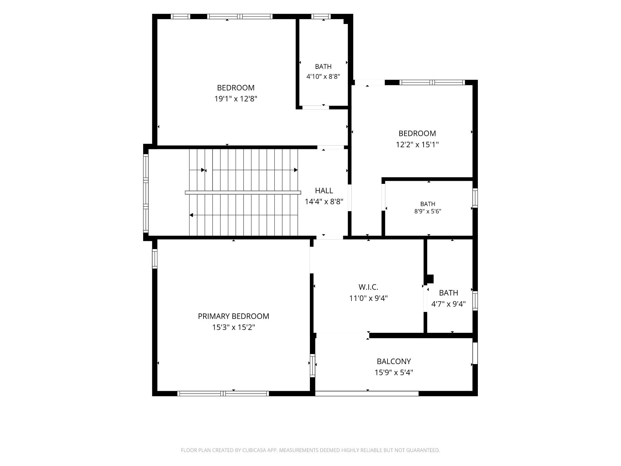 Upper level floor plan showing the primary bedroom with walk-in closet, bath and balcony, plus two further bedrooms
