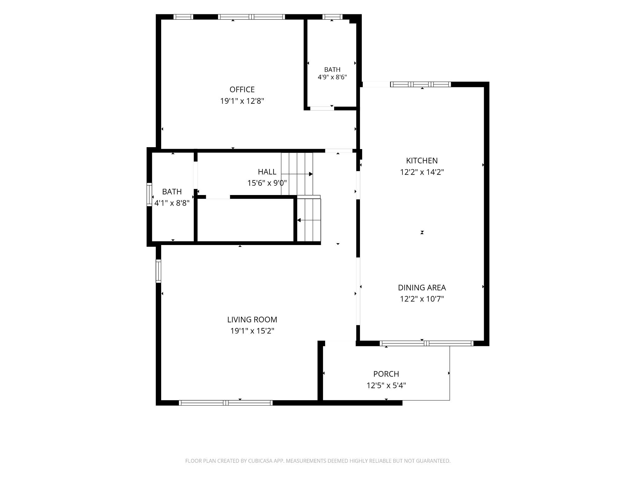 Main level floor plan showing the living room, dining area, kitchen, office, hall, two baths and porch