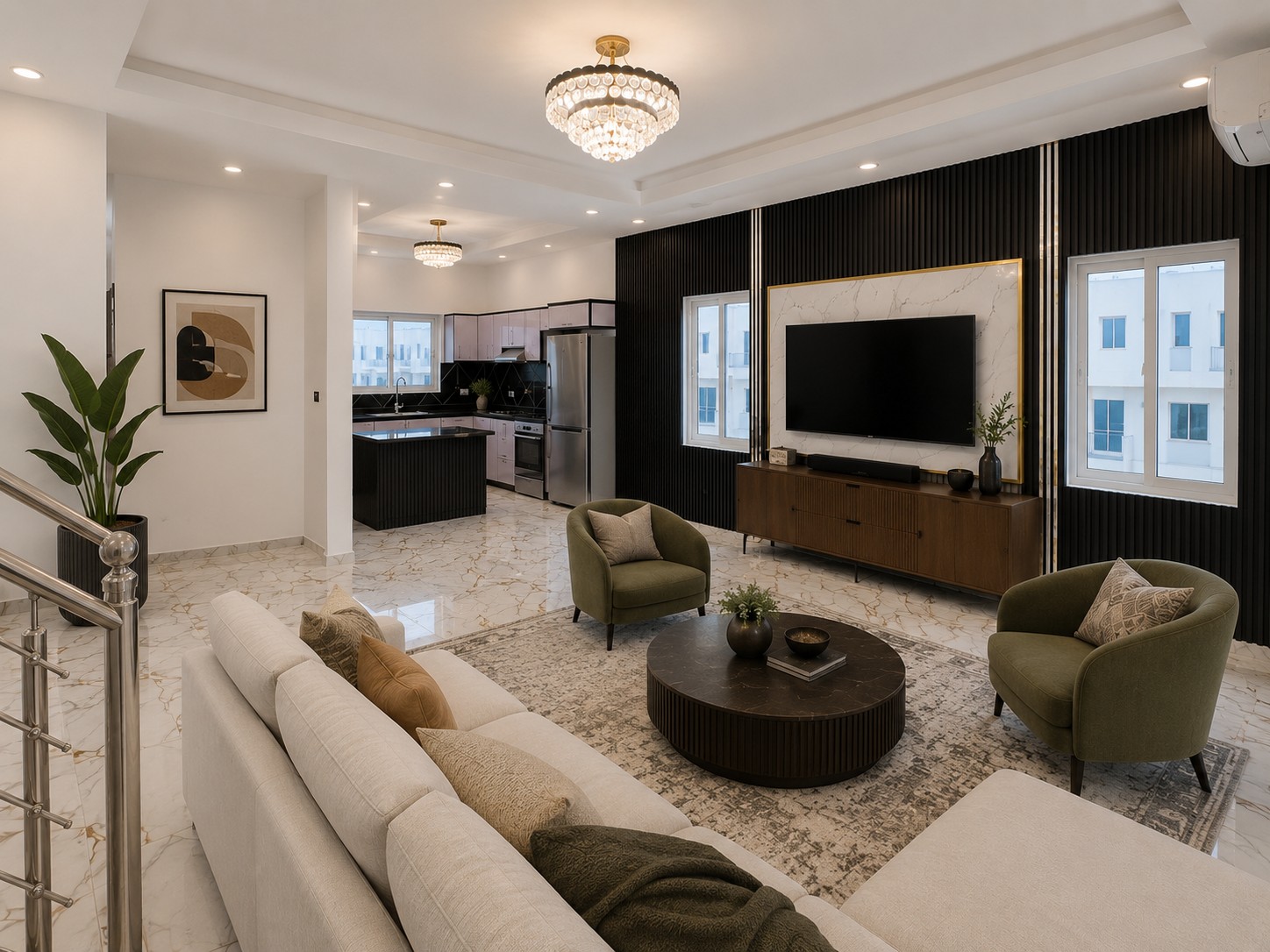 Open-plan living area, staged with furniture for illustration