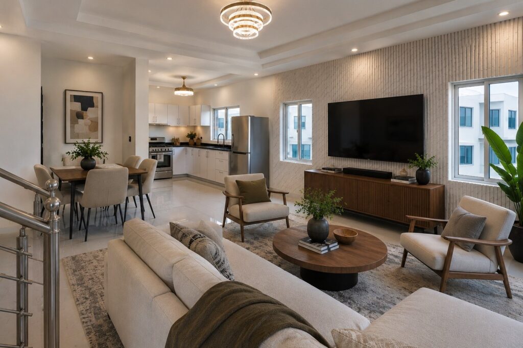 Living and dining area, staged with furniture for illustration