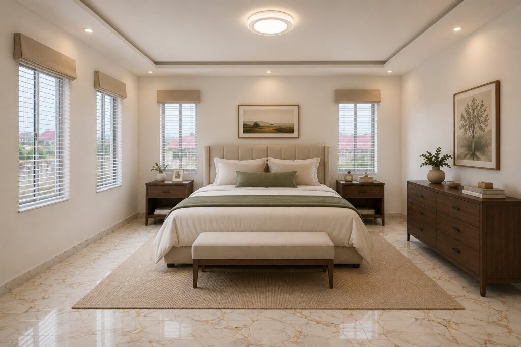 Upstairs bedroom, staged with furniture for illustration