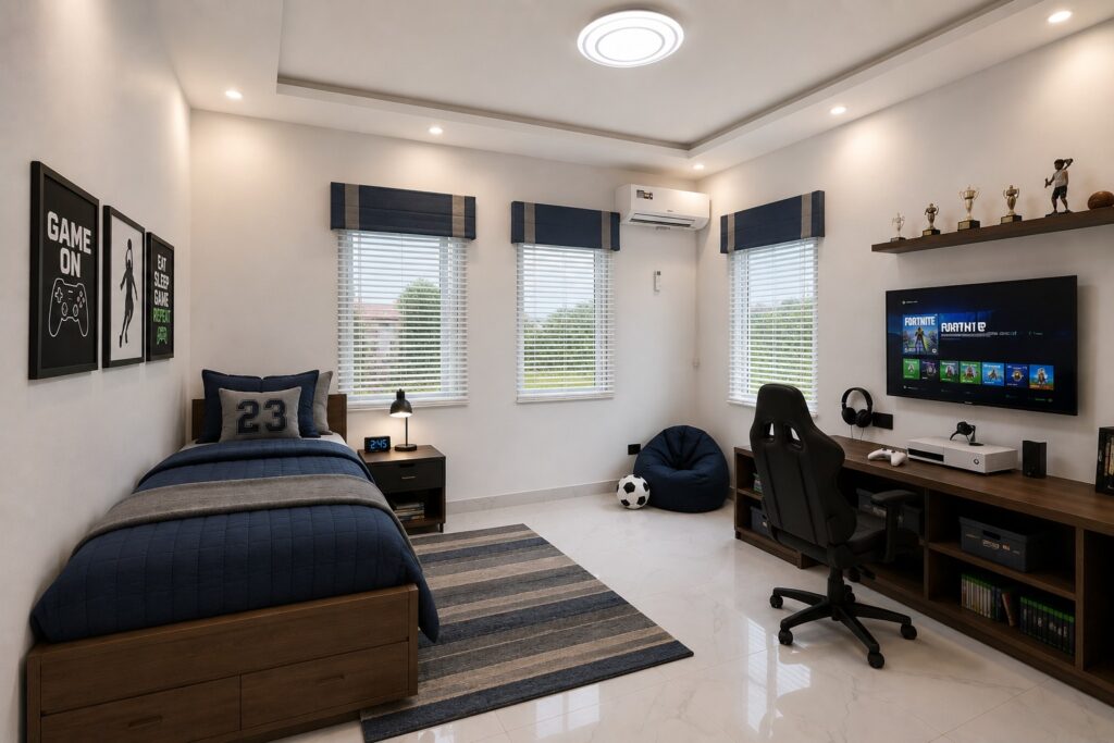 Bedroom, staged with furniture for illustration