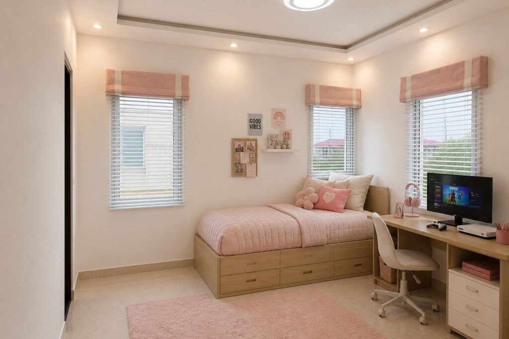 Bedroom, staged with furniture for illustration